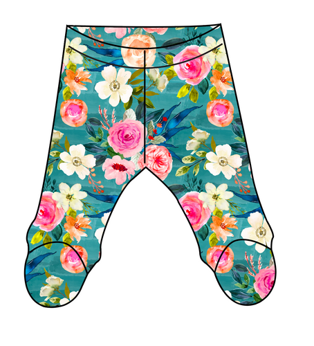 Teal Floral Newborn Footed Pants