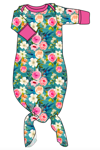 Teal Floral Newborn Knotted Gown