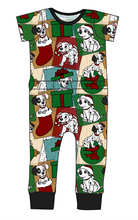 Load image into Gallery viewer, Spotted Holiday Pups Bennett Pants and Shorts Length T-Shirt Romper