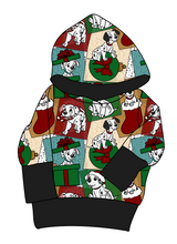 Load image into Gallery viewer, Spotted Holiday Pups Grow With Me Hoodie (or Crewneck)
