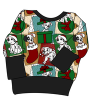 Load image into Gallery viewer, Spotted Holiday Pups Grow With Me Hoodie (or Crewneck)