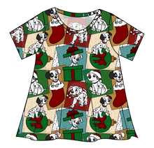 Load image into Gallery viewer, Spotted Holiday Pups Ladies' Swing Tee