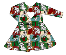 Load image into Gallery viewer, Spotted Holiday Pups Molly Heart Back Twirly Dress