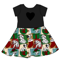 Load image into Gallery viewer, Spotted Holiday Pups Molly Heart Back Twirly Dress