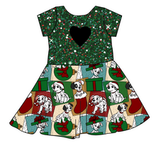 Load image into Gallery viewer, Spotted Holiday Pups Molly Heart Back Twirly Dress
