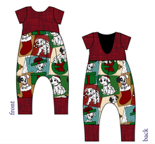 Load image into Gallery viewer, Spotted Holiday Pups Low Back Romper and Bubble Romper