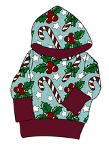 Load image into Gallery viewer, Holly and Candy Canes Grow With Me Hoodie (or Crewneck)