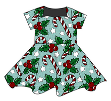 Load image into Gallery viewer, Holly and Candy Canes Sweetheart Twirly Dress
