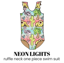 Load image into Gallery viewer, All Prints Swim Preorder Ruffle Neck One Piece Swim Suit